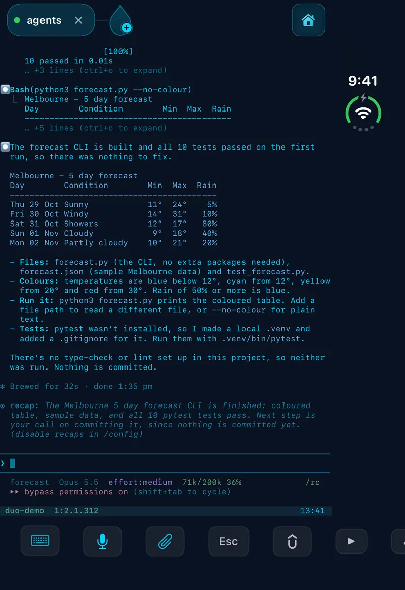 ShellDrop terminal on the folded iPhone Duo outer screen, with the status bar column on the right edge left clear