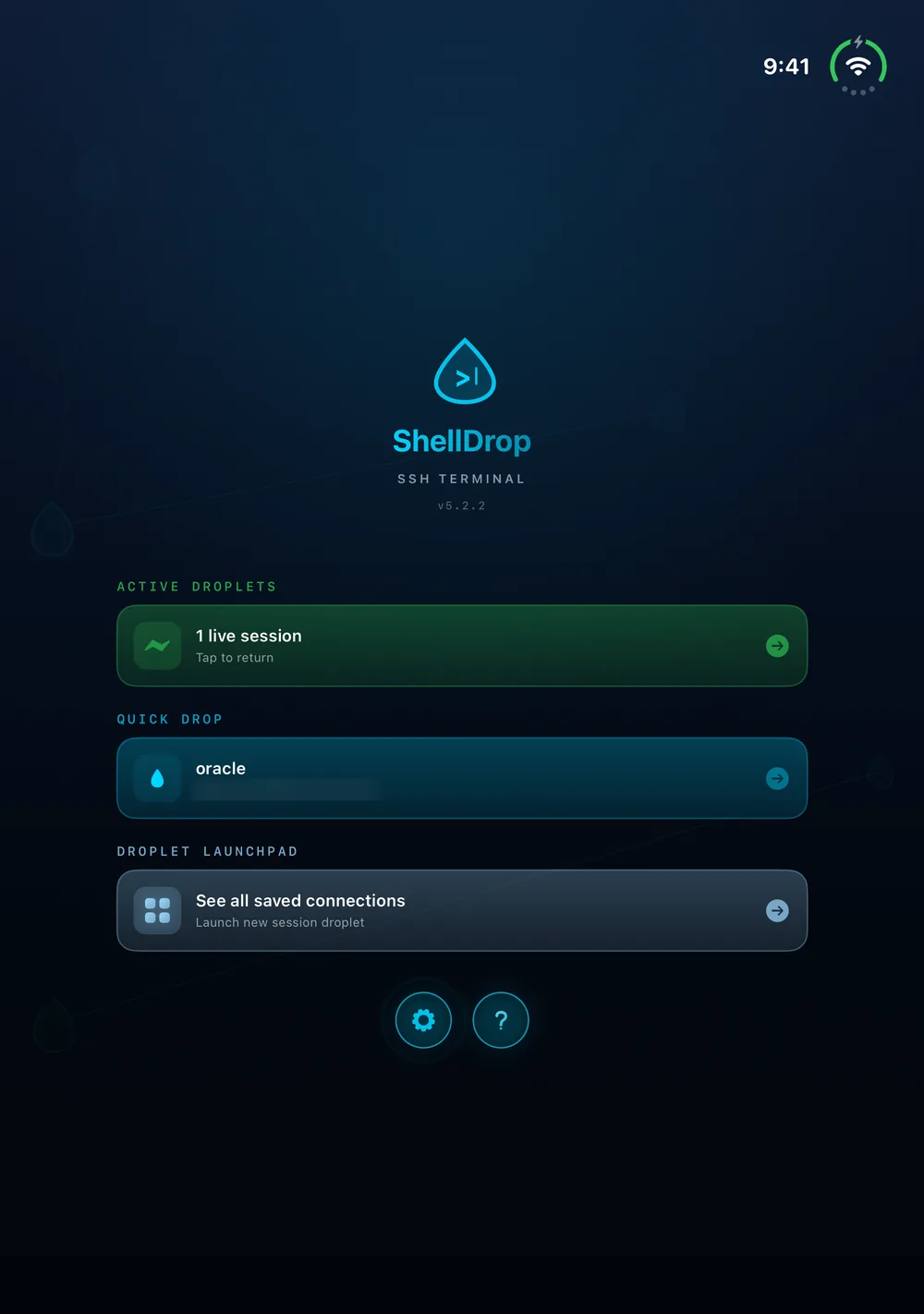 ShellDrop home screen on the open iPhone Duo inner display, with active droplets, quick drop and the launchpad in a centred column