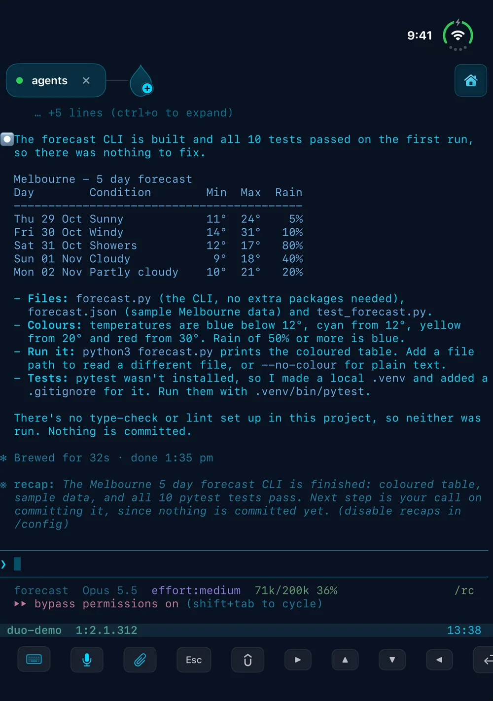 ShellDrop on an open iPhone Duo: a Claude Code session in Tmux filling the inner display, with the keyboard toolbar along the bottom